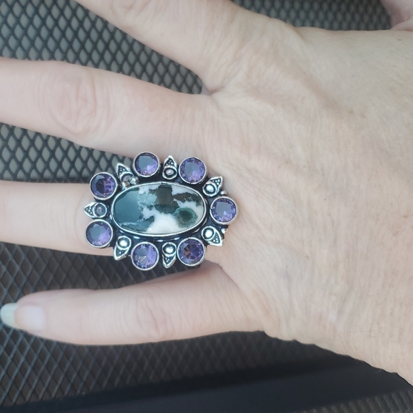 New Tree Agate and Amethyst 925 Silver Statement Ring. - Picture 6 of 16